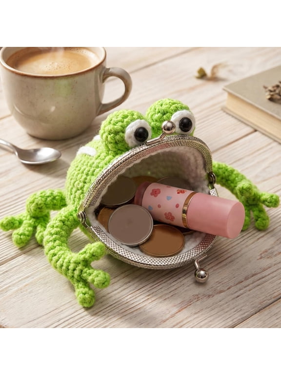Crochet Frog Coin Purse Keychain Cute Handmade Knitted Frog Shaped Mini Wallet Zipper Pouch With Metal Ring Lightweight Bag Charm Organizer For Keys Travel Gift Green