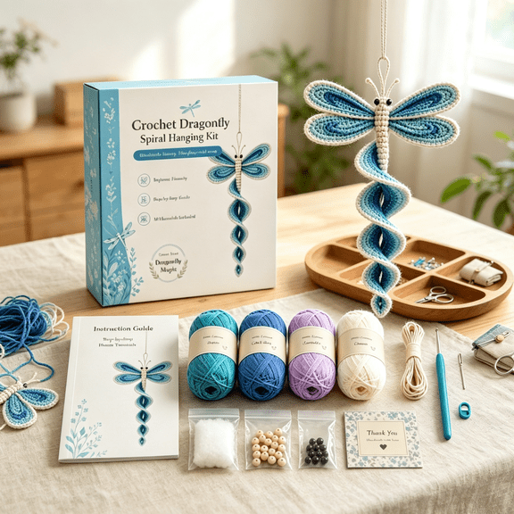 Crochet Garden Animal Spiral Hanging DIY Kit, Step-By-Step Craft Set, Seasonal Door Hanging Decoration For Beginner Crafters(Dragonfly)