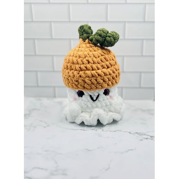 Crochet Ghost Plushie with Pumpkin Hat | Glitter Eyes, Rosy Cheeks & Sweet Smile | 7" Fall Halloween Decor