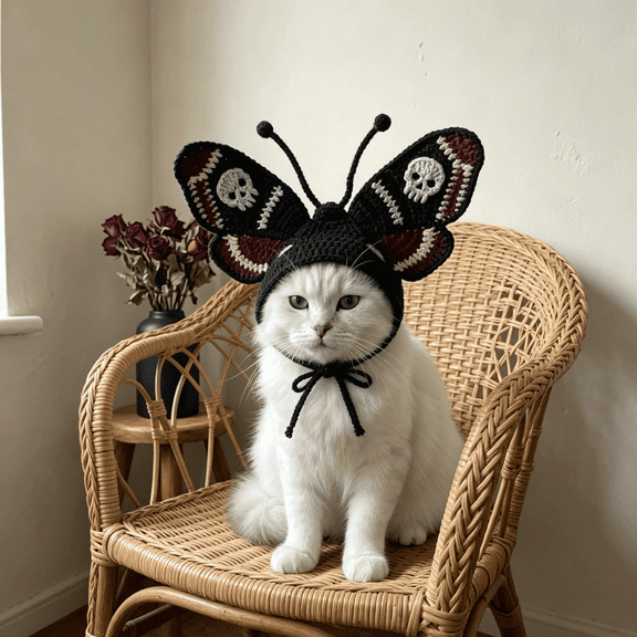Crochet Goth Cat Hats, Hand‑Knitted Gothic Pet Costume Hat for Adult Cats, Soft Stretchy Yarn Cat Headwear for Halloween Party Photo Prop, One‑Size Fits Most Adult Cats