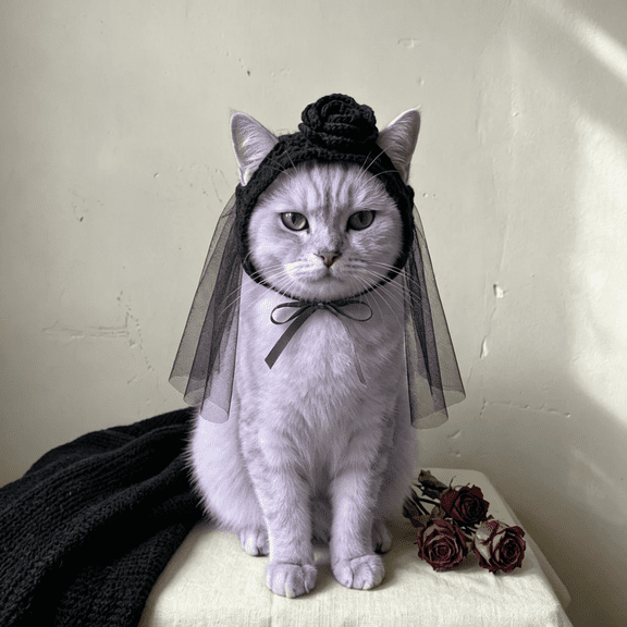 Crochet Goth Cat Hats, Stretch Soft Yarn Goth Pet Hat, No‑Pinch Comfort Cat Costume Accessory, Easy On & Off Cat Headwear for Party Decoration