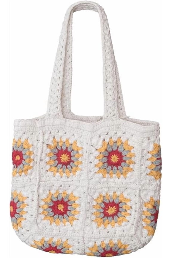 Vintage Crochet Flower Tote Bag, Handmade Granny Square Daisy Shoulder Bag with Magnetic Closure, Stylish Everyday Handbag