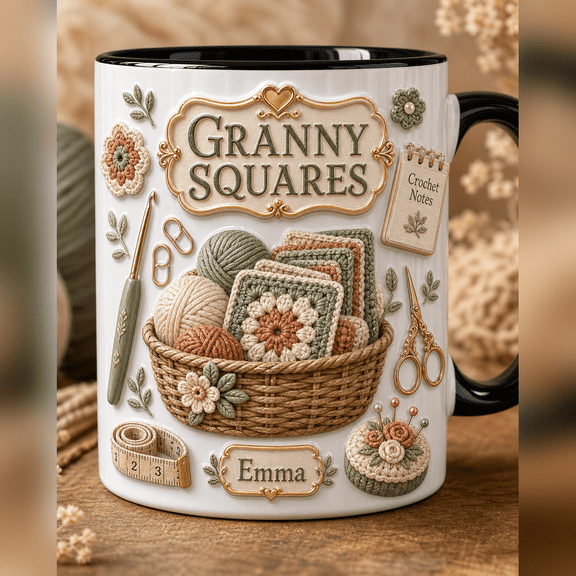 Crochet Granny Square White Ceramic Coffee Mug Yarn Craft Gift