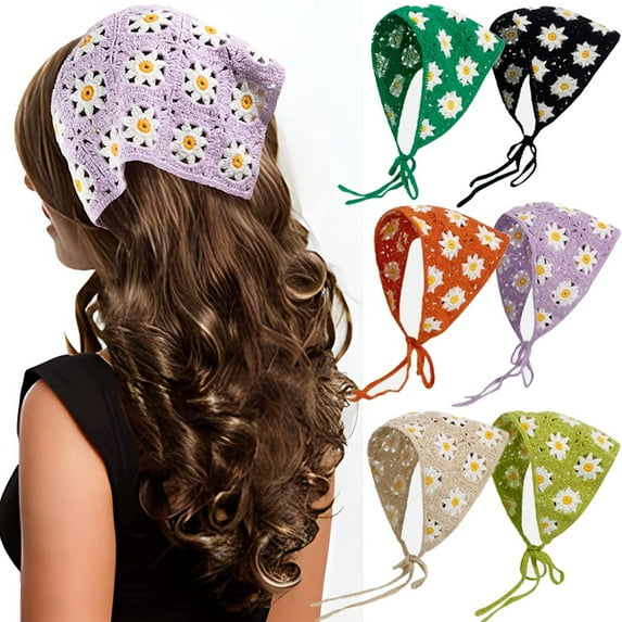 Crochet Hair Bandana Floral Hair Scarf Boho Head Kerchief Vintage Headbands Triangle Hair Tie Handmade Hair Accessories for Girls Women 