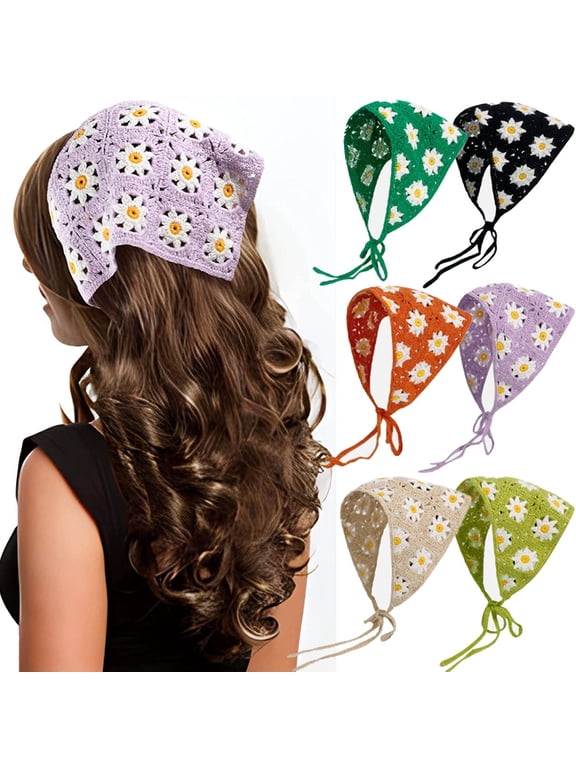 Crochet Hair Bandana Floral Hair Scarf Boho Head Kerchief Vintage Headbands Triangle Hair Tie Handmade Hair Accessories for Girls Women 