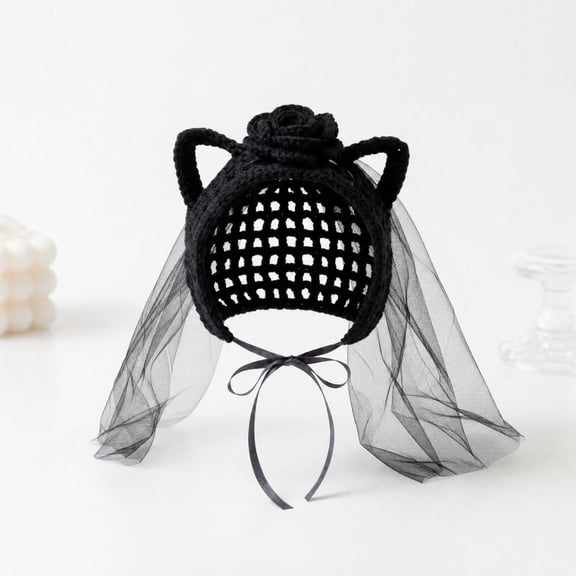 Crochet Halloween Cat Hat with Veil, Gothic Black Rose Pet Costume Accessories, Handmade Bride Outfit Cap for Cats Small Dogs Photo Props