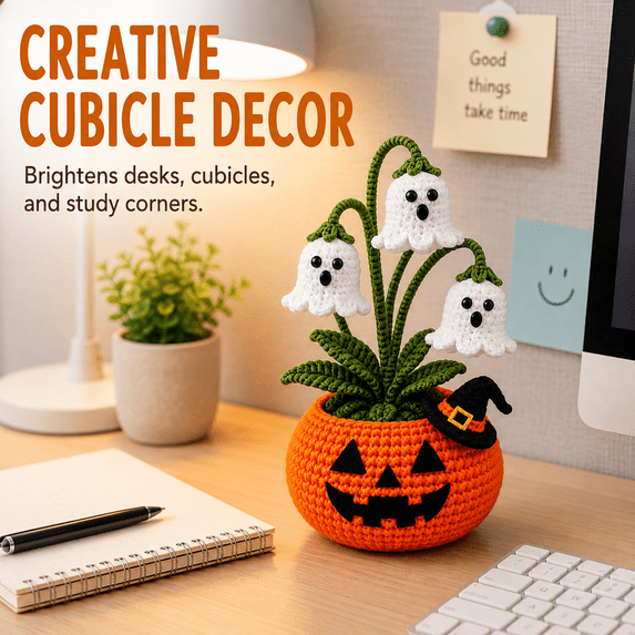 Crochet Halloween Potted Plant, Handmade Yarn Pumpkin Ghost Decor, 7.87 Inch Spooky Fall Tabletop Decoration for Desk, Shelf, Office, Bedroom and Home
