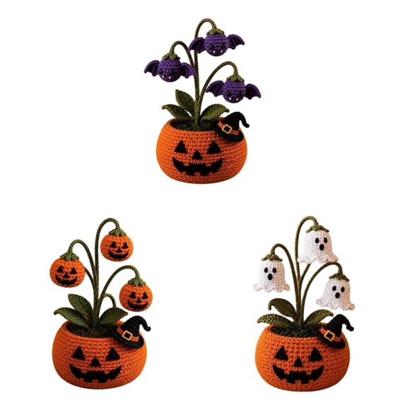Crochet Halloween Potted Plant, Handmade Yarn Pumpkin Ghost Decor, 7.87 Inch Spooky Fall Tabletop Decoration for Desk, Shelf, Office, Bedroom and Home