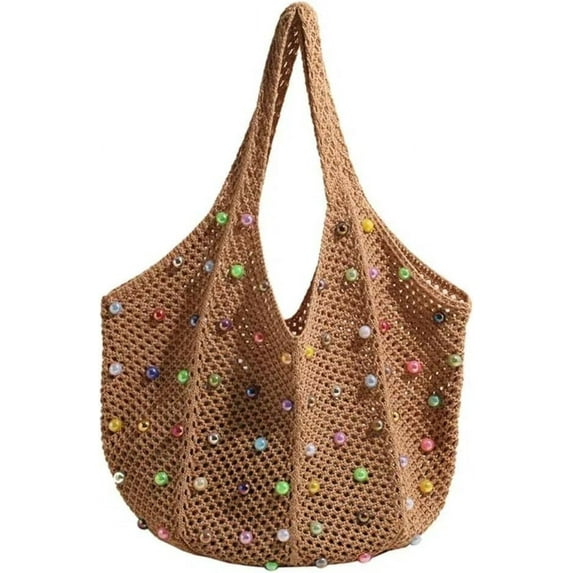 Crochet Handbag,Knitted Ladies Shoulder Bag,Boho Colorful Aesthetic Bead Hippie Knit Bag for Women