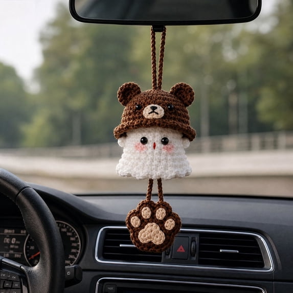 Crochet Hanging Ornament - Handmade Yarn Ghost Decoration for Car Rearview Mirror, Cute Indoor Home Decor, Holiday Gift for Kids