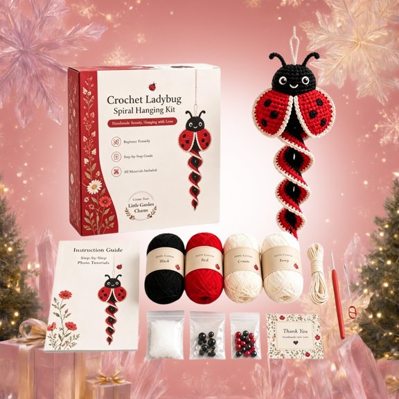 Crochet Hanging Ornaments Set Ladybug DIY Craft Kit with Complete Yarn and Tool Set - Spiral Shape Ladybug Ornament Hook Set with Printed Guide for Nursery Garden Home Decor Gift