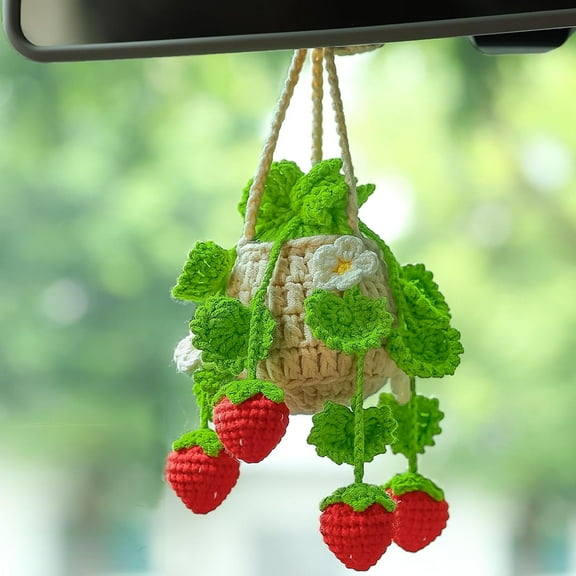 Crochet Hanging Plant for Car,Car Decorations Interior,Plant Strawberry Aesthetic Car Accessories for Women Interior Cute,Car Ornaments Charms for Rear View Mirror,Boho Car Decoration