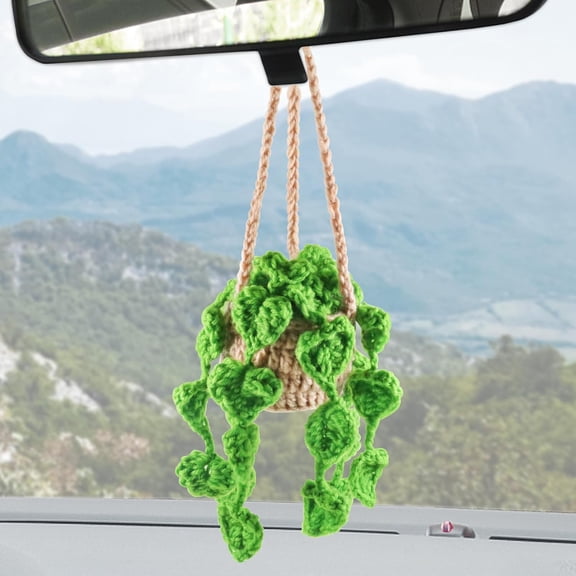 Crochet Hanging Plant for Car, Handmade Knitted Car Mirror Hanger, Boho Potted Plants Car Accessories, Car Decorations Interior View Mirror Aesthetic Rear