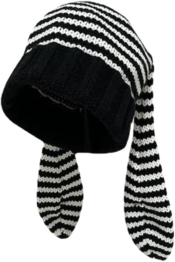 Crochet Hat Striped Long Ears Knitted Hats for Women Autumn Winter Cute Warm Ear Protection Casual Beanies Caps