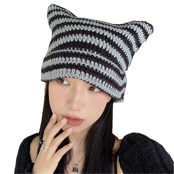 Crochet Hats for Women Punk Grunge Design Beanies for Women Cat Meow Winter Hat Beret Two Cute Ears Beanies