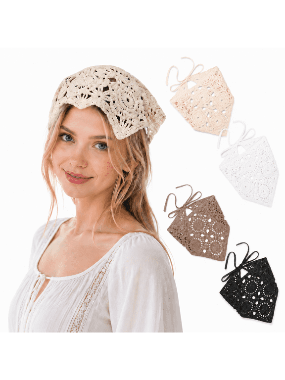 Crochet Head Scarf Bandana for Women - 4 Pack Floral Daisy Headband Vintage Hair Wrap Kerchief Head Coverings