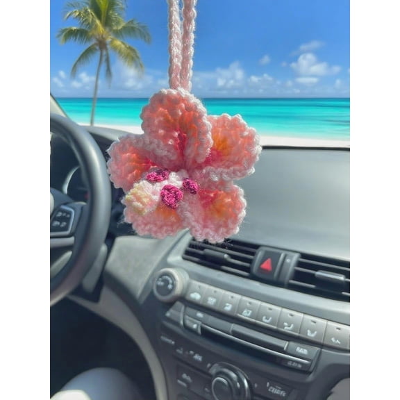 Crochet Hibiscus Car Hanging Ornament – Tropical Flower Charm for Rear View Mirror & Beach Decor