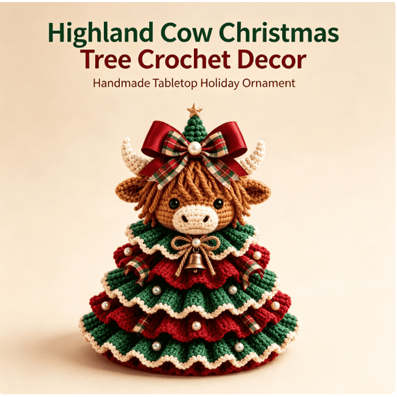 Crochet Highland Cow Christmas Tree DIY Kit , Handmade Crochet Yarn Tiered Christmas Tree Tabletop Decoration , Vintage Plaid Accent Seasonal Keepsake Ornament