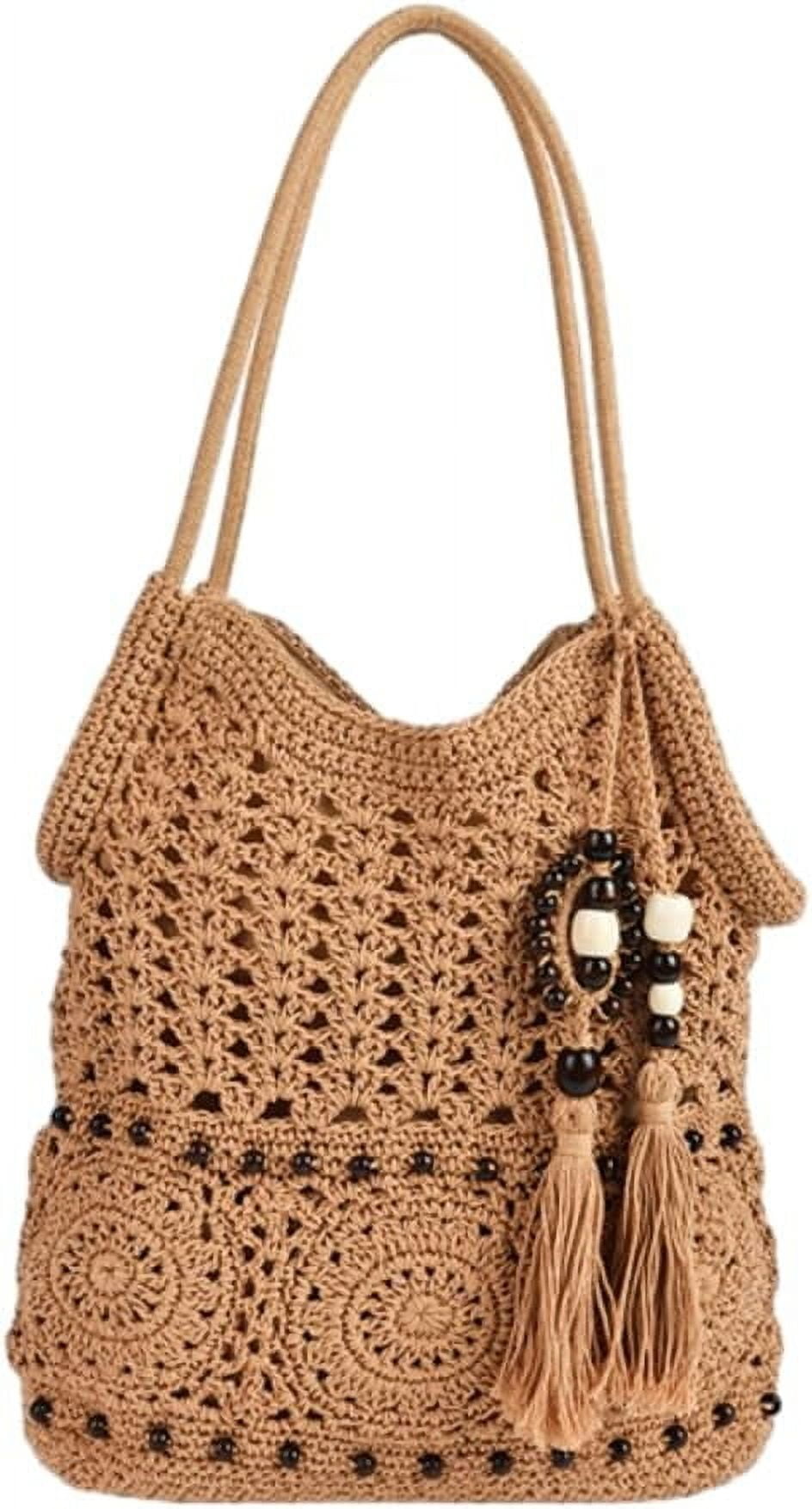 Crochet Hobo Bag for Women Boho Woven Beach Tote Handbags Bohemian Shoulder Purse with Tassels Summer Vacation 2025