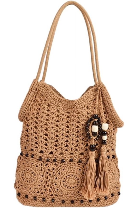 Crochet Hobo Bag for Women Boho Woven Beach Tote Handbags Bohemian Shoulder Purse with Tassels Summer Vacation 2025