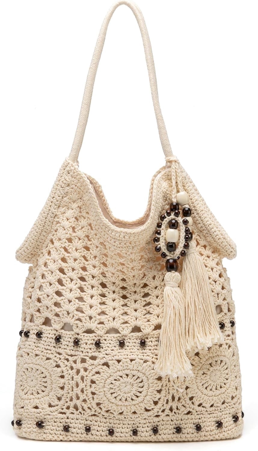 Crochet Hobo Bag for Women Boho Woven Tote Bag Summer Vacation Beach Handbags Bohemian Shoulder Purse with Tassels