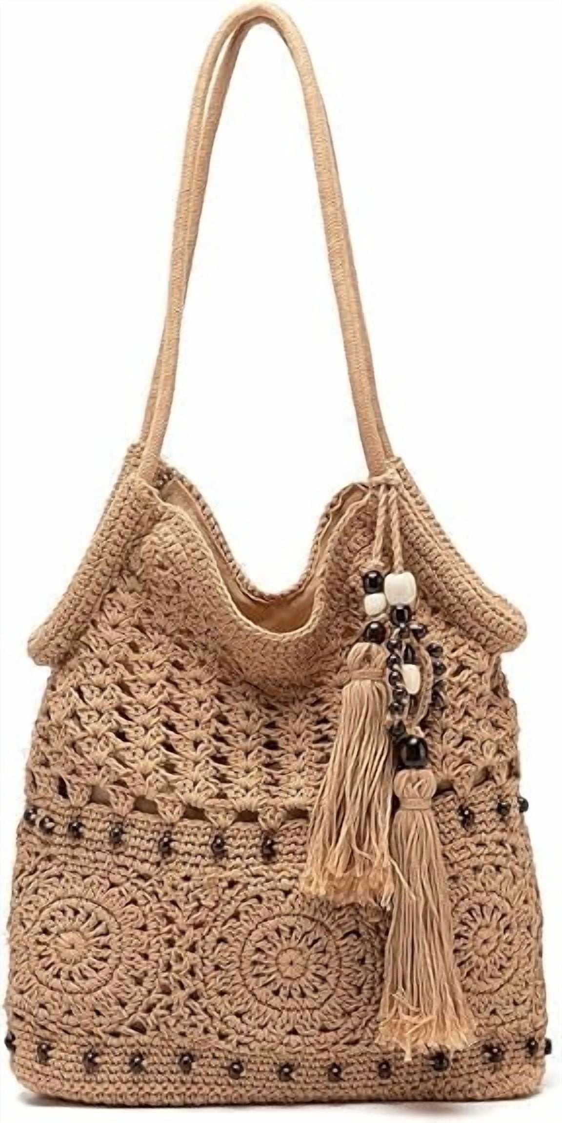 Crochet Hobo Bag for Women Boho Woven Tote Bag Summer Vacation Beach Handbags Bohemian Shoulder Purse with Tassels