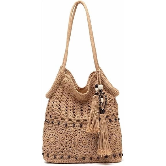 Crochet Hobo Bag for Women Boho Woven Tote Bag Summer Vacation Beach Handbags Bohemian Shoulder Purse with Tassels