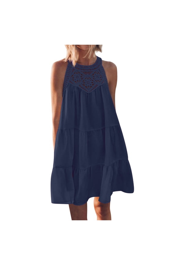 Crochet Hollow Halter Dress for Women 2024 Summer Sleeveless Mini Dresses Boho Tiered Flowy A Line Beach Sundress