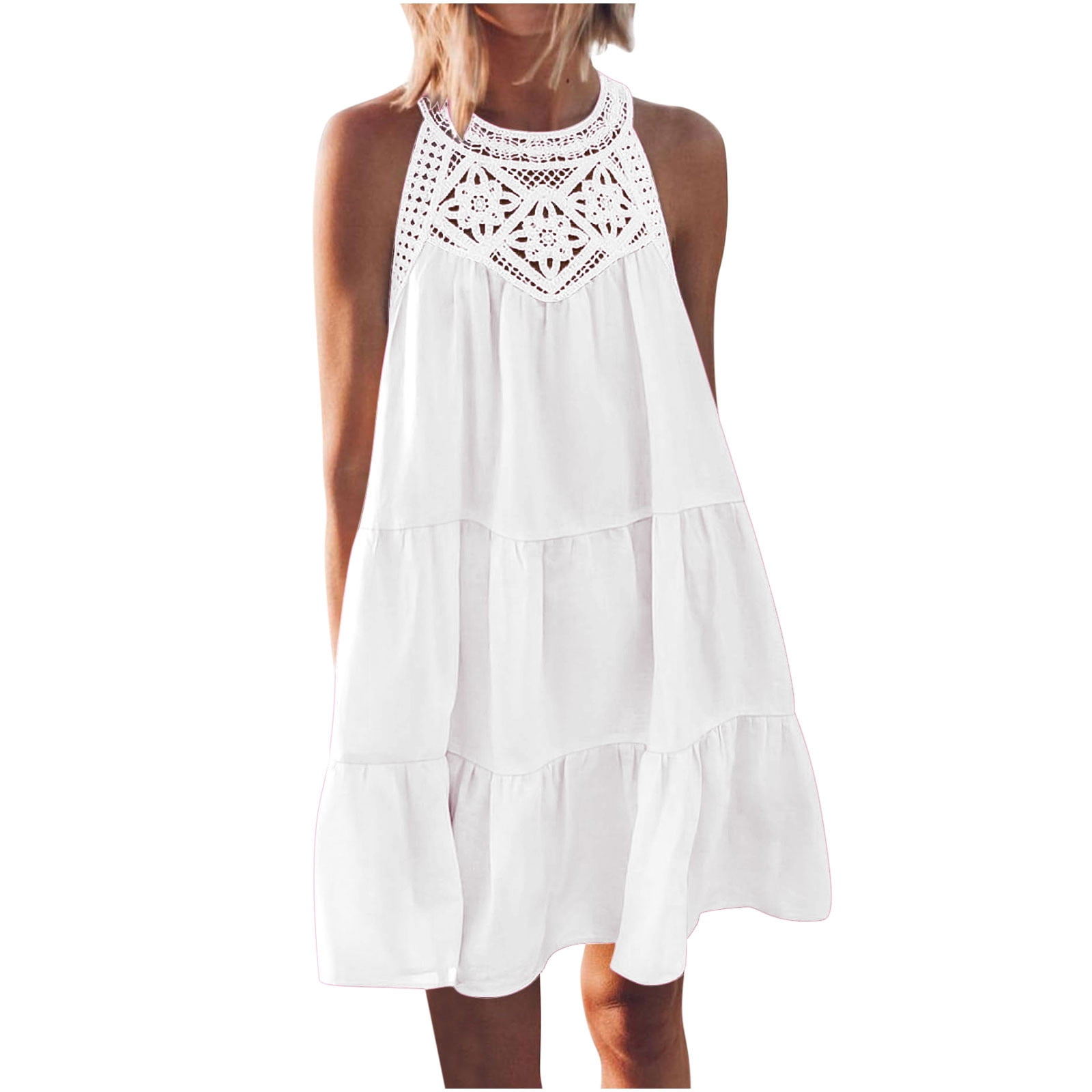 SKSloeg Summer Dresses For Women 2024 Casual Hollow Out Halter Neck A Line Tiered Sundresses Beach Vacation Mini Dress Hot Pink L
