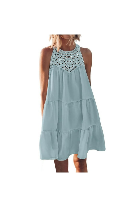 Crochet Hollow Halter Dress for Women 2024 Summer Sleeveless Mini Dresses Boho Tiered Flowy A Line Beach Sundress