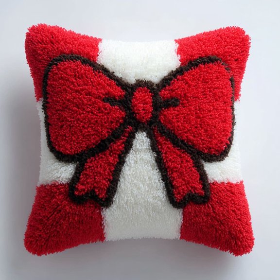 Crochet Hook Cushion Cover Latch Hook Embroidery Kit Red bow Diy Decorative Pillow Kit 17x17inch