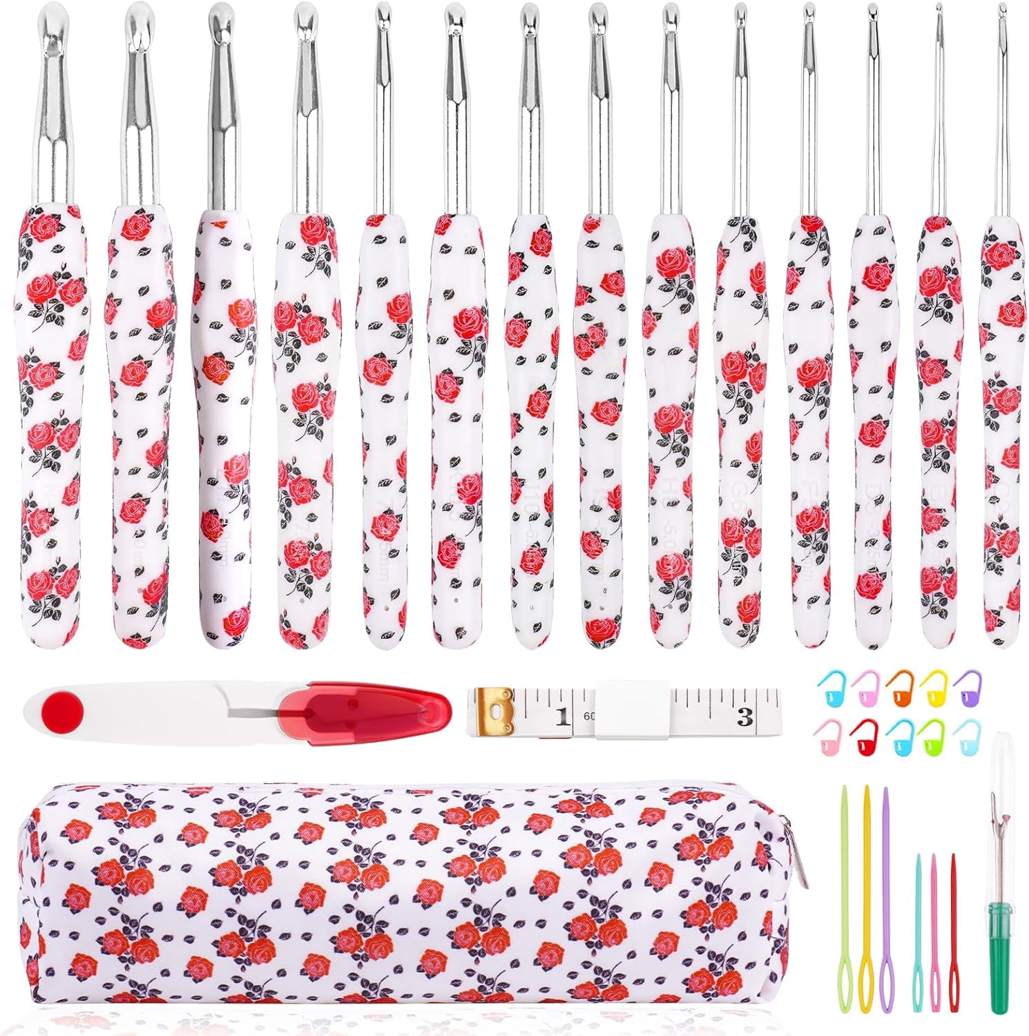 Crochet Hook Set 14Pcs Hand-Rubber Needles 2.25mm(B)-10mm(N) Streamline Hooks for Arthritic Hands Rose Metal Knitting with Storage Case