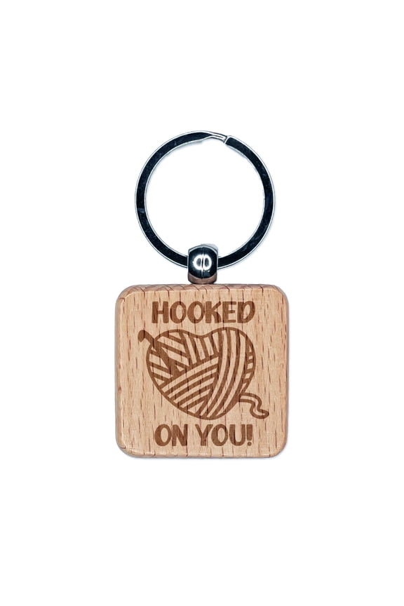Crochet Hooked on You Heart Yarn Love Valentine's Day Square Keychain Charm Tag - Engraved Wood