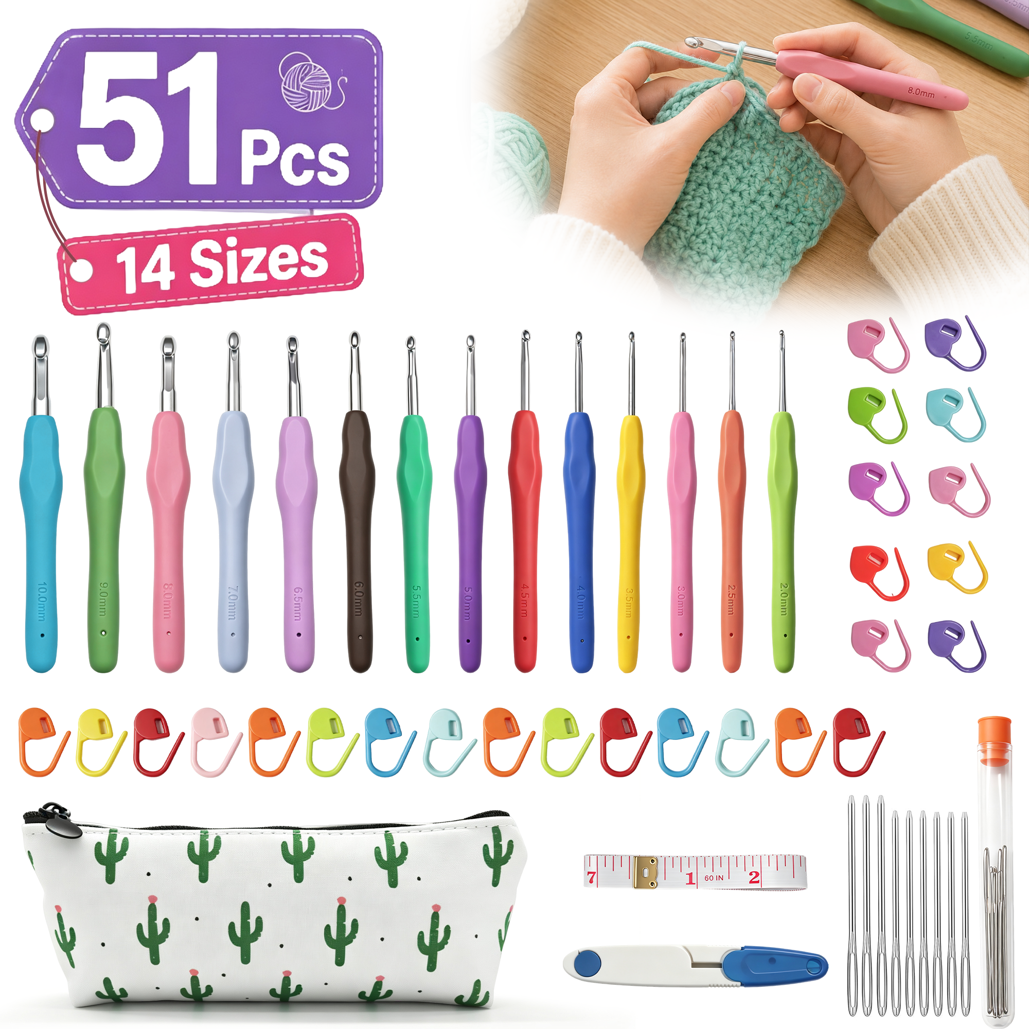 51 Pcs Crochet Hooks Set, 14 Sizes Yarn Crochet Kit, Ergonomic Soft‑Grip Crochet Needles, Yarn Knitting Supplies with Stitch Markers, Complete Crochet Kit for Beginners & Knitting Lovers