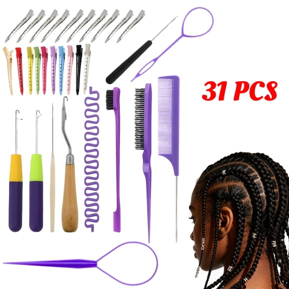 Crochet Hooks for Hair, 31-Piece Styling Kit for Braiding and Extensions, Crochet Needle Hooks, Passion Twist Extensions, Tail Comb, Duckbill Hair Clips, for Adults