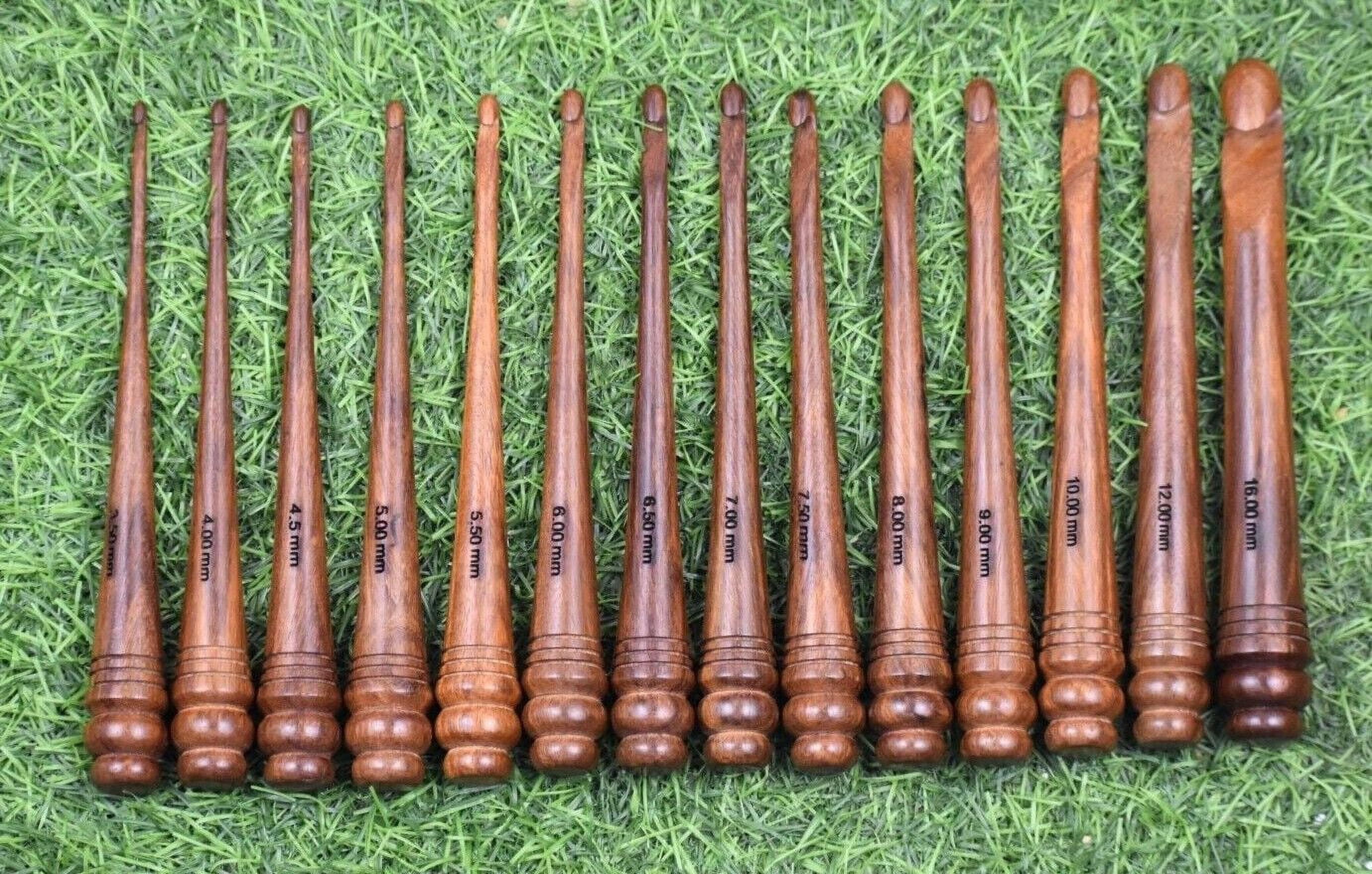 Set Of 15 Wooden Crochet Hooks (3.5mm-25mm) With Leather Pouch - Handmade Rosewood Knitting Needles