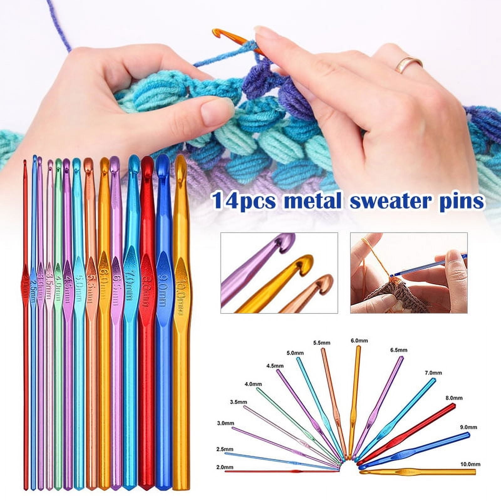 14PCS Aluminum Crochet Hooks Knitting Needles Craft Yarn 2.0mm/2.5mm/3.0mm /3.5mm/4.0mm/4.5mm/5.0mm/5.5mm/6.0mm/6.5mm/7.0mm/8.0mm/9.0mm/10.0mm