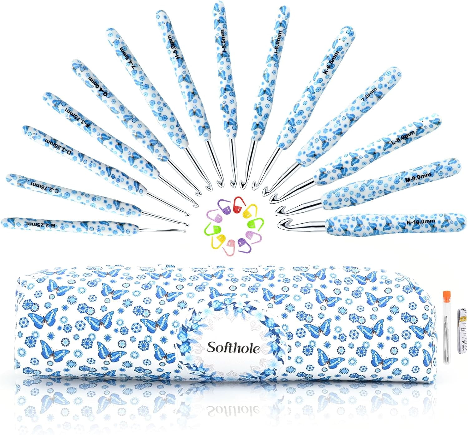 Crochet Hooks Set with Case 14 Size Blue Butterfly Flower Pattern for Arthritis Hands, 2.25mm(B)-10mm(N) Crochet Needles for Beginners Christmas Gift New Year's Presents Crochet Lovers