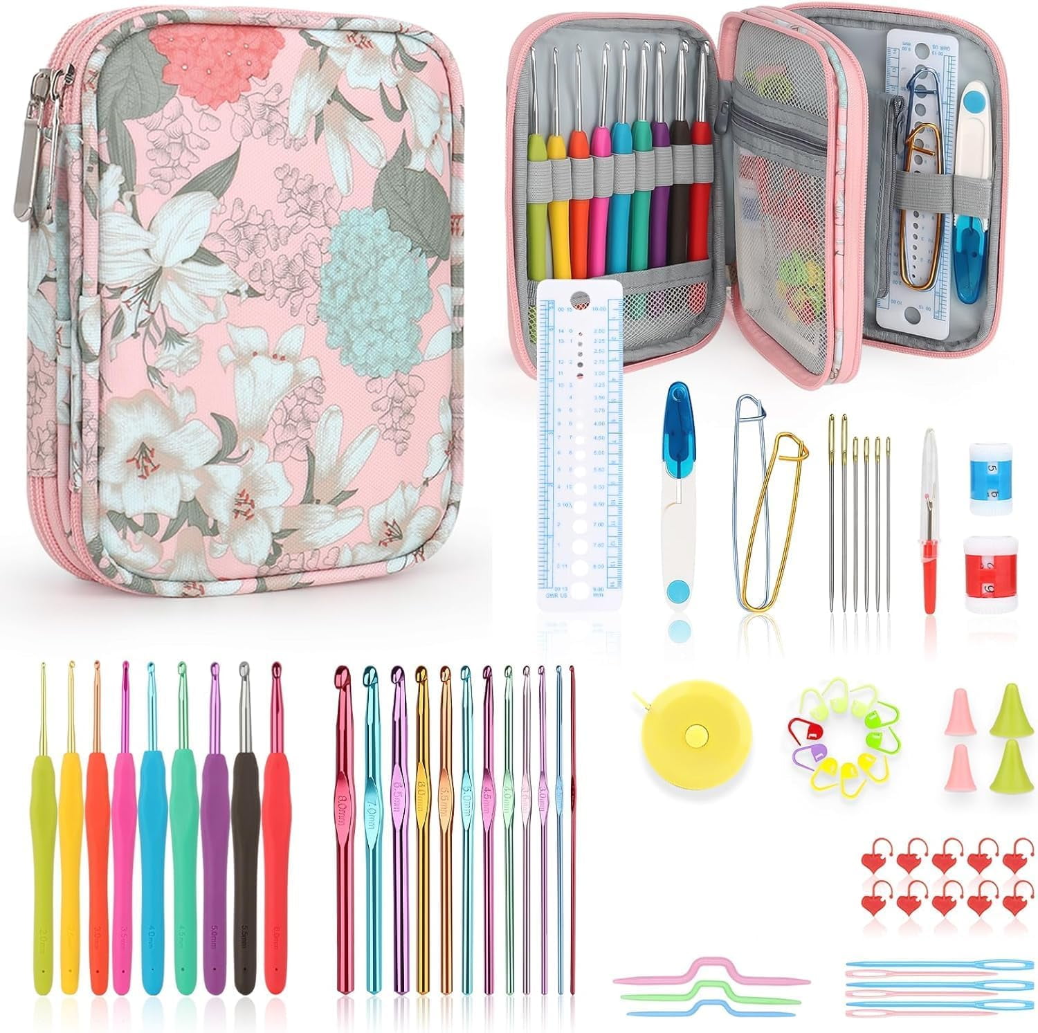 Crochet Hooks Set with Case, 73-Piece Crochet Hooks Kit Ergonomic Aluminum Alloy Crochet Hook Colorful Crochet Needles for Making Socks, Gloves, Bag, Hat, Sweater