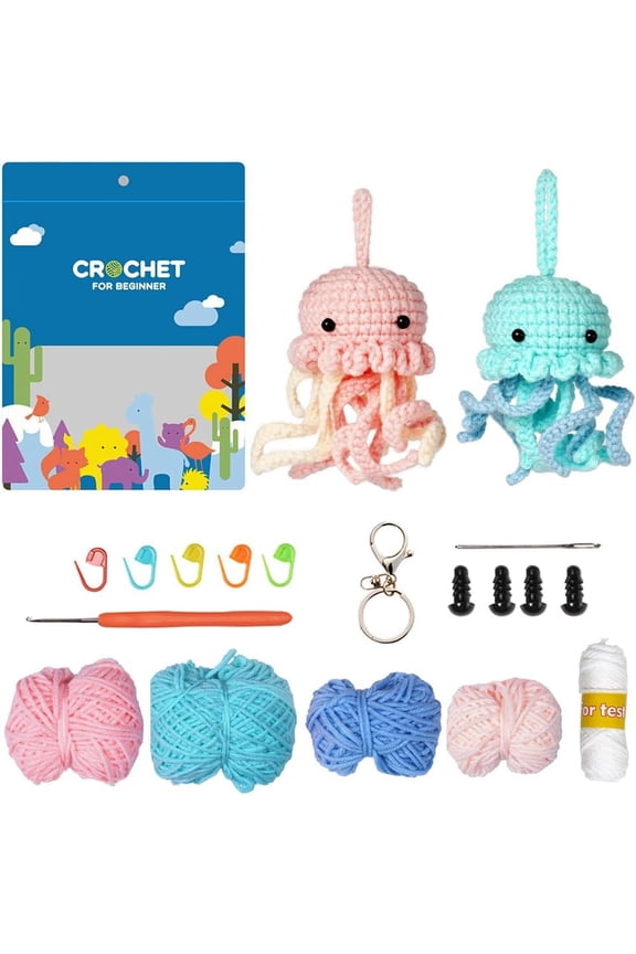 Crochet Keychain Kit Beginner Crochet Kit Cute Animals Jellyfish Learn to Crochet Kit Step-by-Step Videos Complete Crochet Set 3D Knitting Crocheting Kit