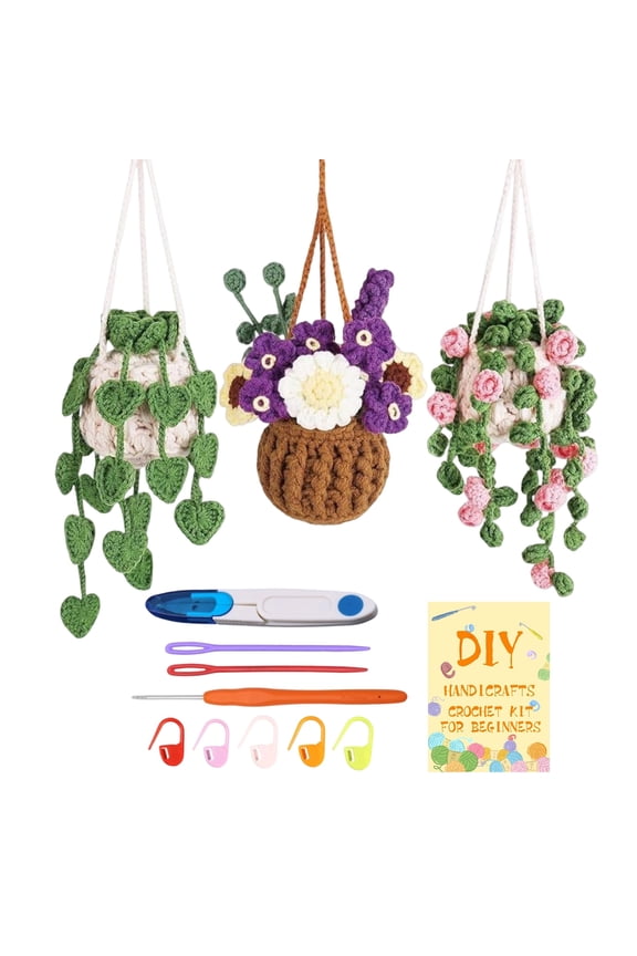 Crochet Keychain Ornament DIY Kit Handmade Weaving Material Set for Beginners with Yarn Hook Needle Markers and Guide Book