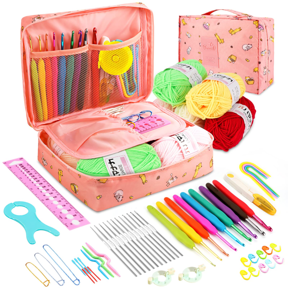 Crochet Kit , 59 Piece Crochet Hooks Kit Includes Soft Grip Crochet Hooks, Crochet Yarn Balls, Cable Needles and More Crochet Kit for Beginners with Light Pink Carry Bag