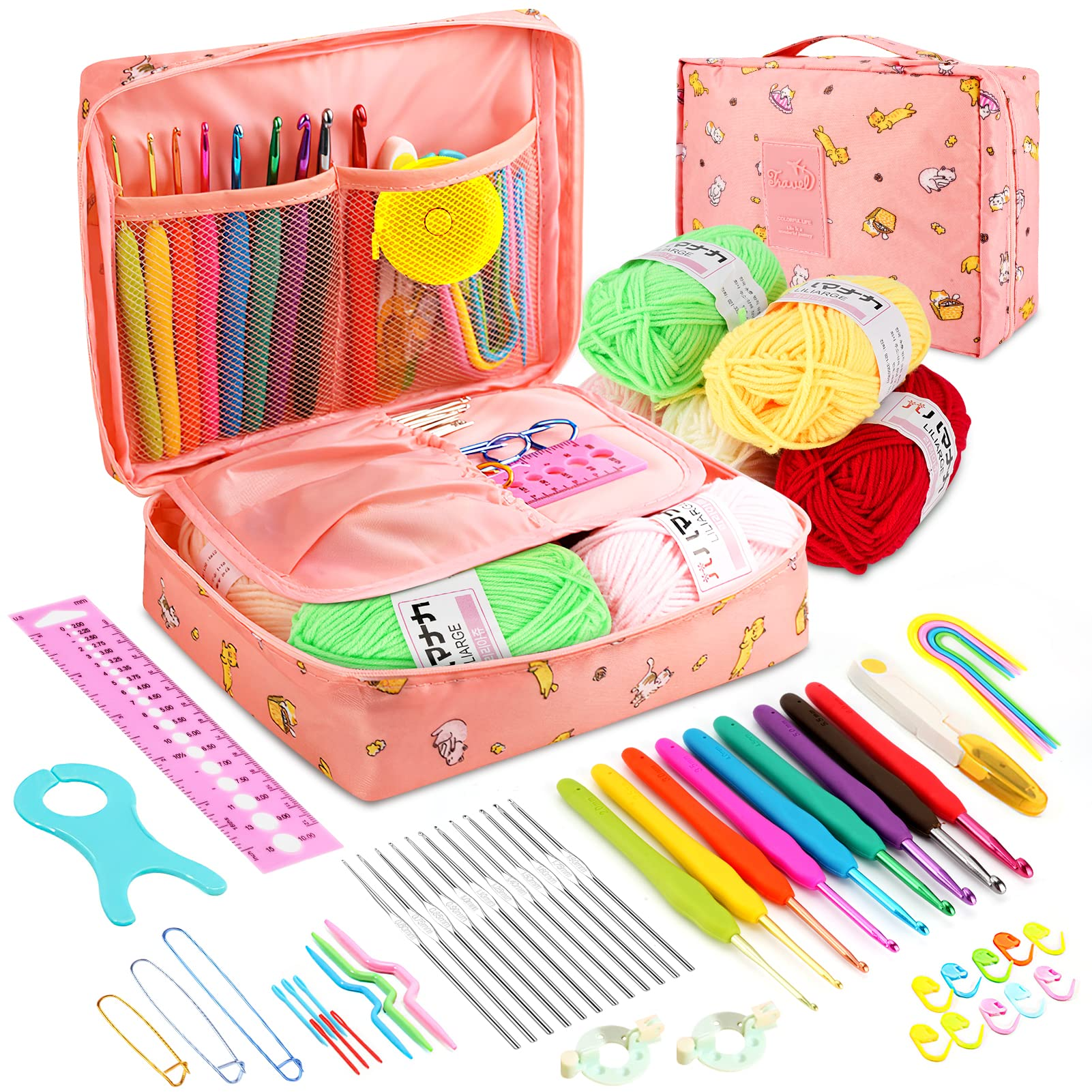 Crochet Kit , 59 Piece Crochet Hooks Kit Includes Soft Grip Crochet Hooks,  Crochet Yarn Balls, Cable Needles and More Crochet Kit for Beginners with  Light Pink Carry Bag 