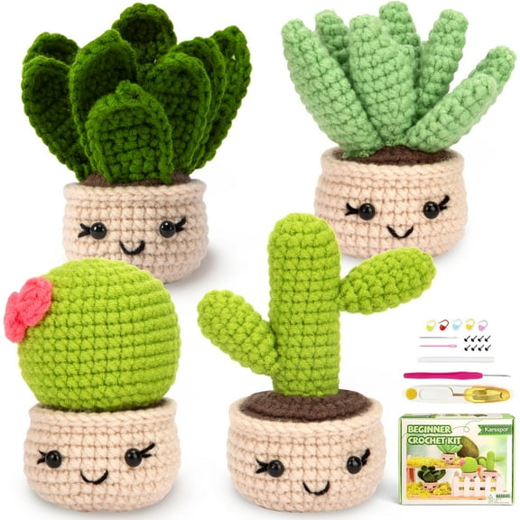 Crochet Kit for Beginners, 4 PCS Succulents Crochet Kit with Step-by-Step Instructions and Video Tutorials, Beginner Crochet Kit, Complete Crochet Starter Kit