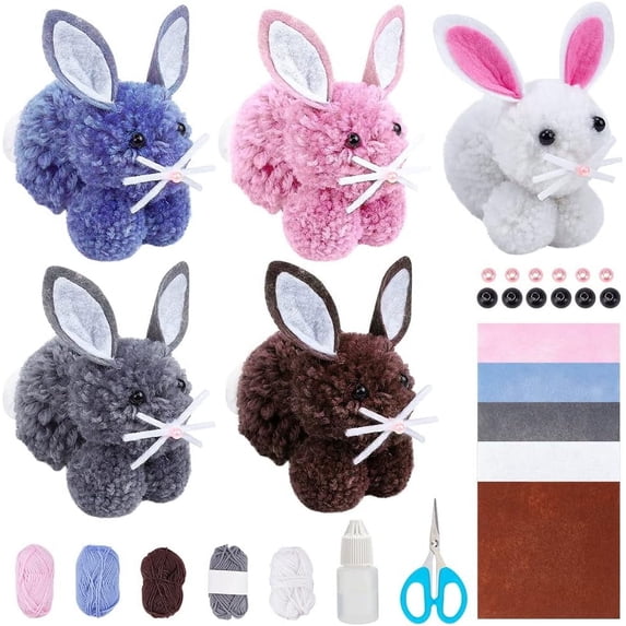 Crochet Kit Beginners 6 Set Crochet Pom Pom Cute Bunny Rabbit Knitting Kit Easter Day Christmas Birthday Easter Gift Girls