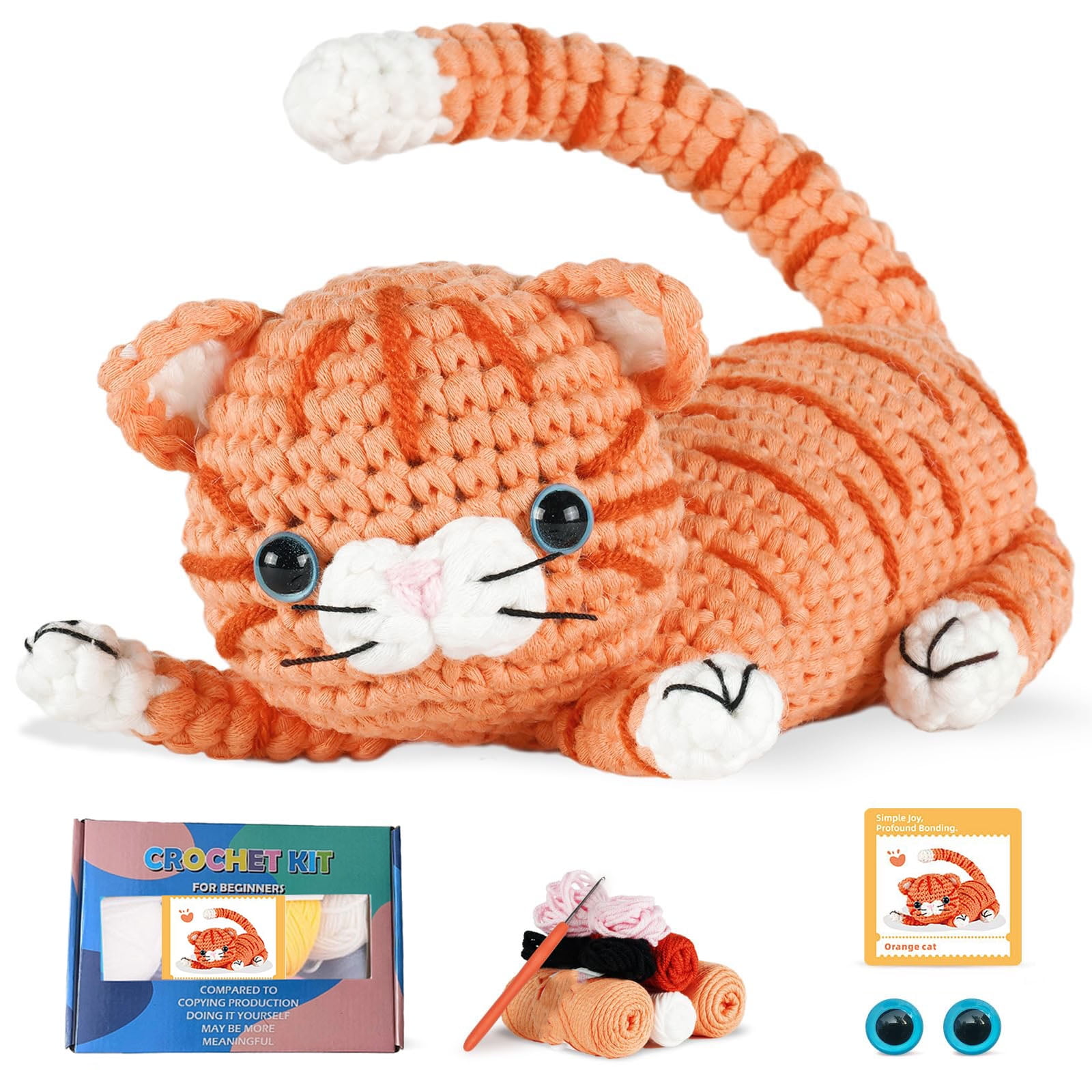 Crochet Kit for Beginners, Amigurumi Cat Crochet Starter Kit with Step-by-Step Video, DIY Knitting Supplies with Yarn, Hook & Stuffing, Crochet Animal Kit for Adults - Orange Cat
