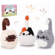 Jademall Beginner Crochet Kit for Cat Plush Animals, 3Pcs Complete Diy Craft with Video Tutorials, Gift for Beginners in 3 Colors