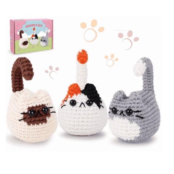 Jademall Beginner Crochet Kit for Cat Plush Animals, 3Pcs Complete Diy Craft with Video Tutorials, Gift for Beginners in 3 Colors
