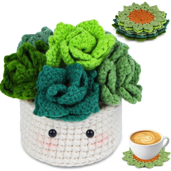 Crochet Kit for Beginners -Bexikou 6Pcs Handmade Coasters in a Plant Pot Crochet Start Kit, Complete Beginner Crochet Kit with Crochet Hooks, Yarn, Accessories for Adult Beginners