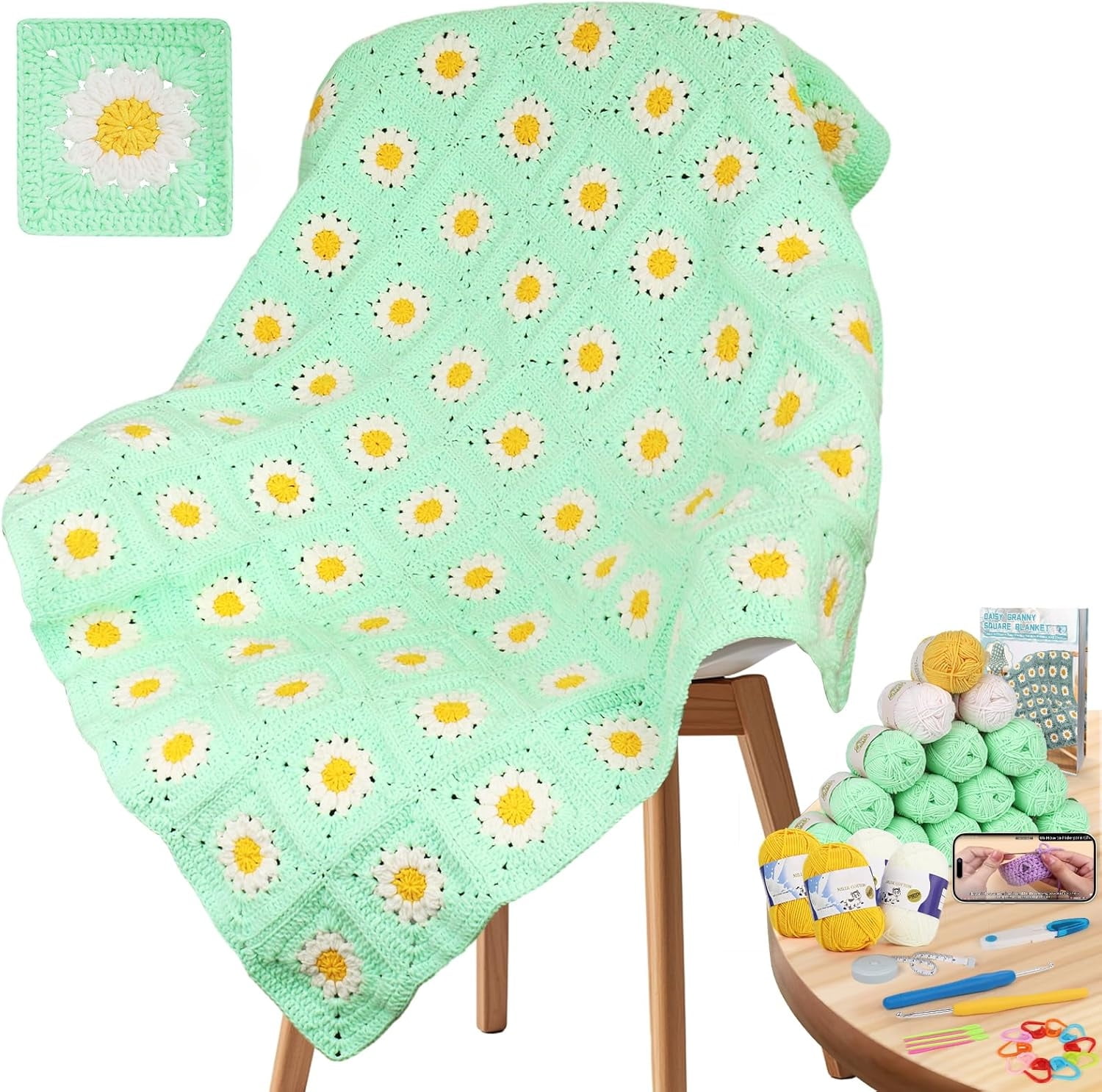 Aeelike Crochet Blanket Kit For Beginners – Granny Squares, Includes Yarn, Hooks, Tools, & Instructions